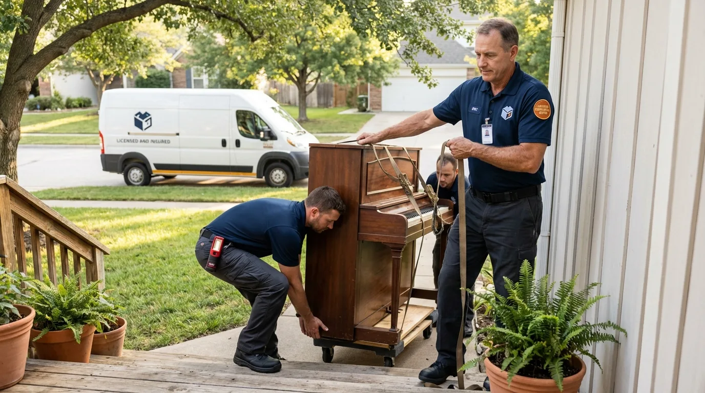 Licensed piano movers securing grand piano in Clever, MO