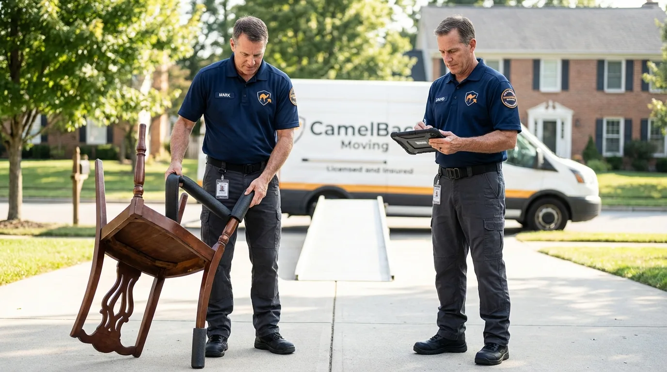 Movers inspecting furniture for damage prevention before loading in Clever, MO