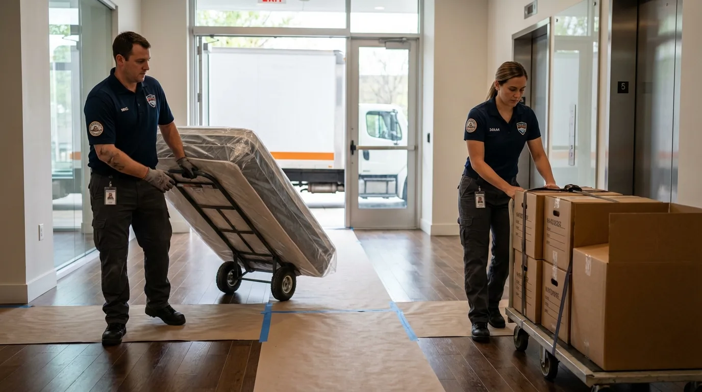 Professional apartment movers loading elevator in Clever, MO