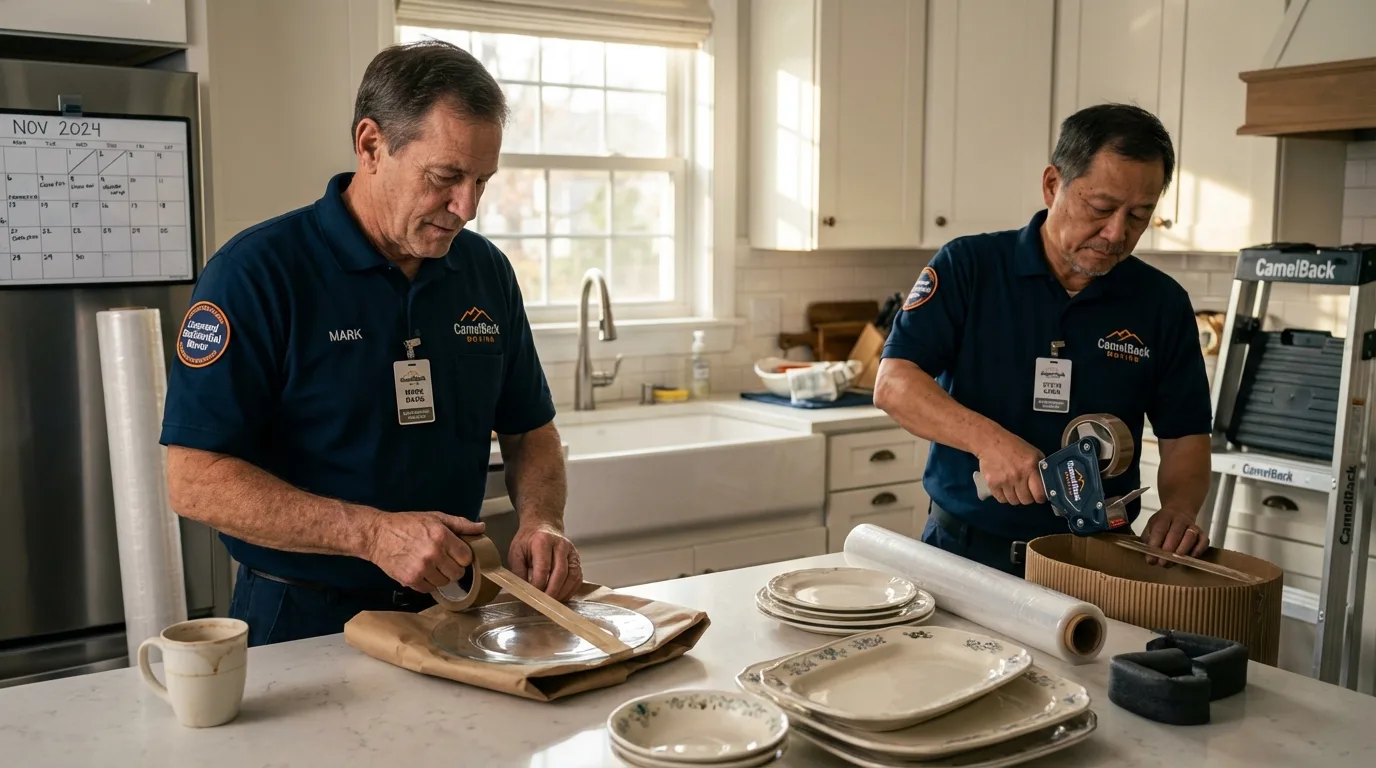 Professional crew packing kitchen dishware in Clever, MO